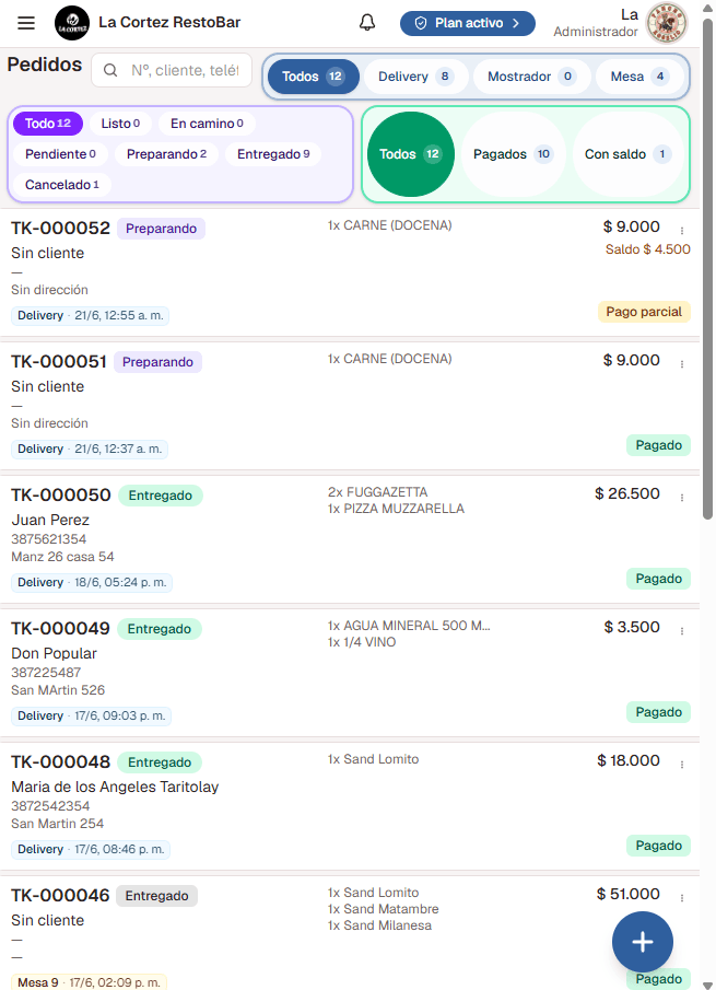 Panel de pedidos con filtros por estado, tipo y cobro en Kit Delivery