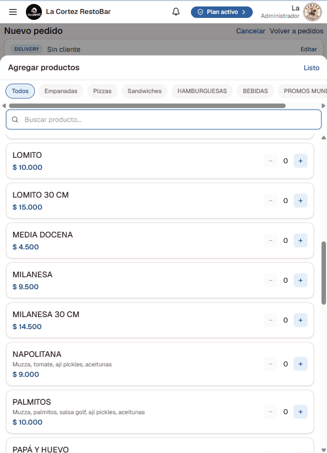 Selector de productos por categoría para cargar un pedido en Kit Delivery