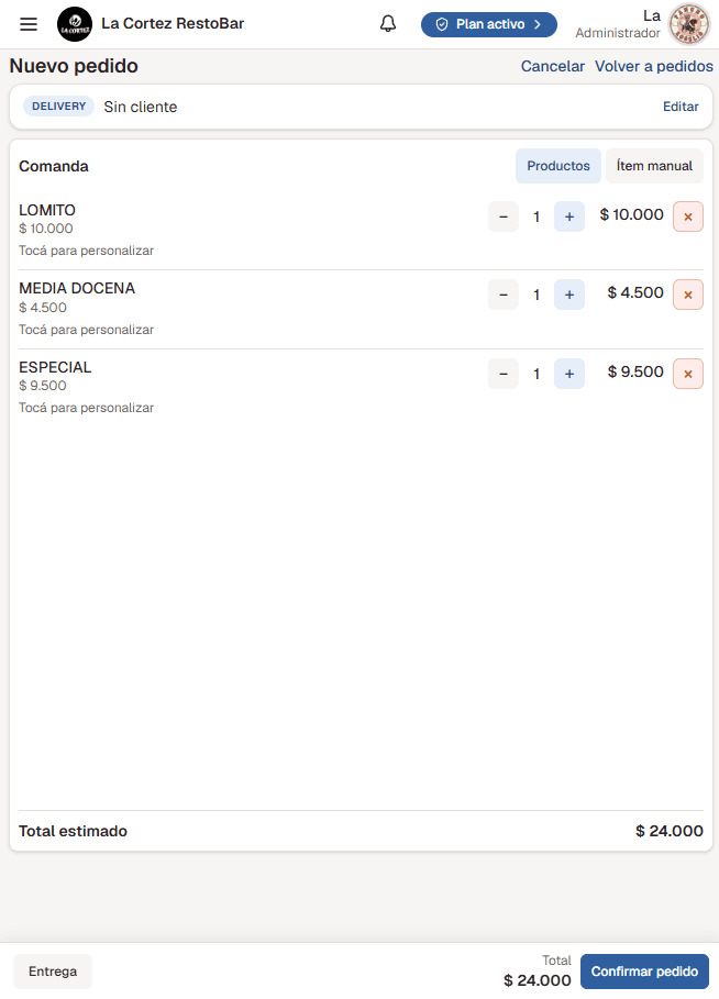 Comanda con productos, cantidades y total estimado en Kit Delivery