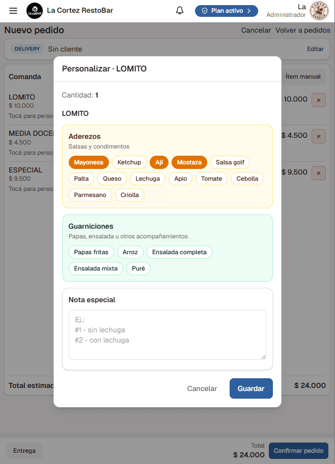 Personalización de producto con aderezos, guarniciones y notas en Kit Delivery