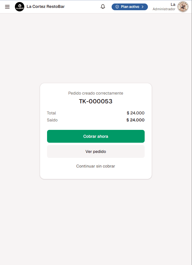 Confirmación de pedido creado con opción de cobrar en Kit Delivery
