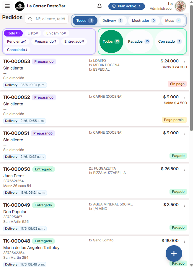 Listado de pedidos activos con estados de preparación y pago en Kit Delivery
